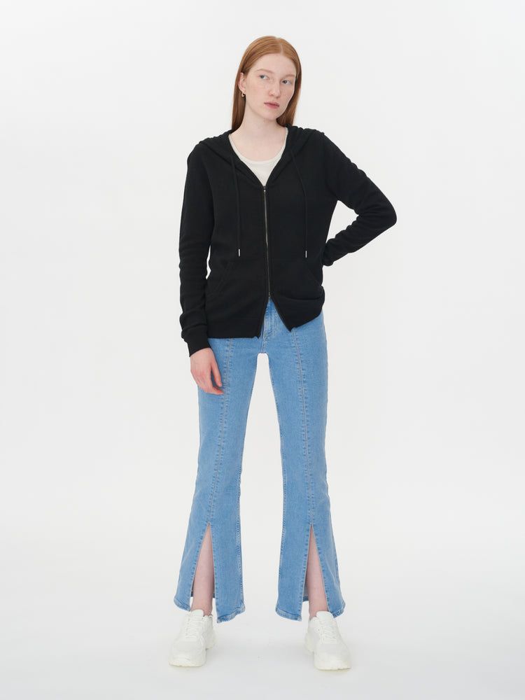 Women's Cashmere Full-Zip Hoodie Black - Gobi Cashmere