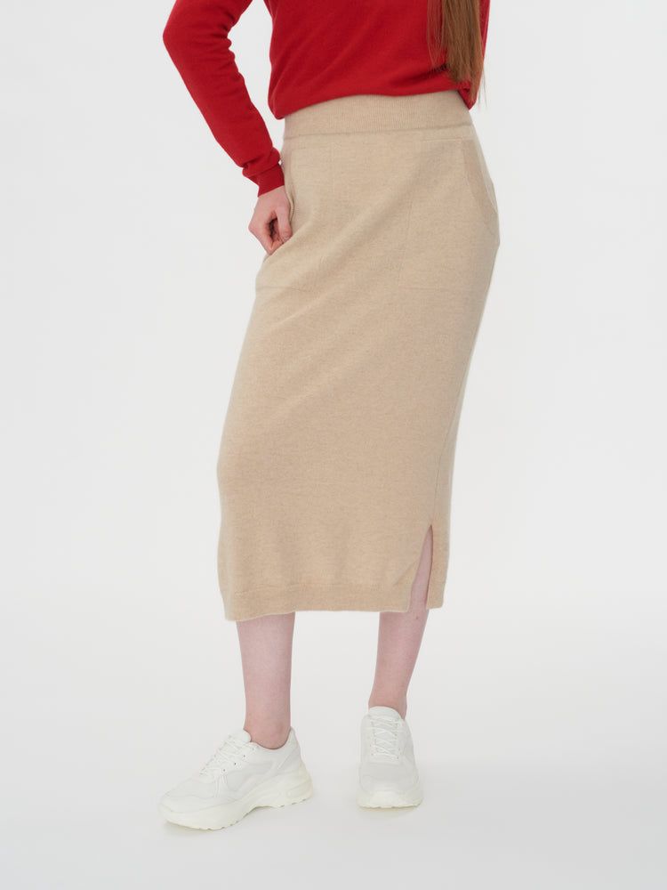 Women's Cashmere Midi Skirt With Side Slits Beige - Gobi Cashmere