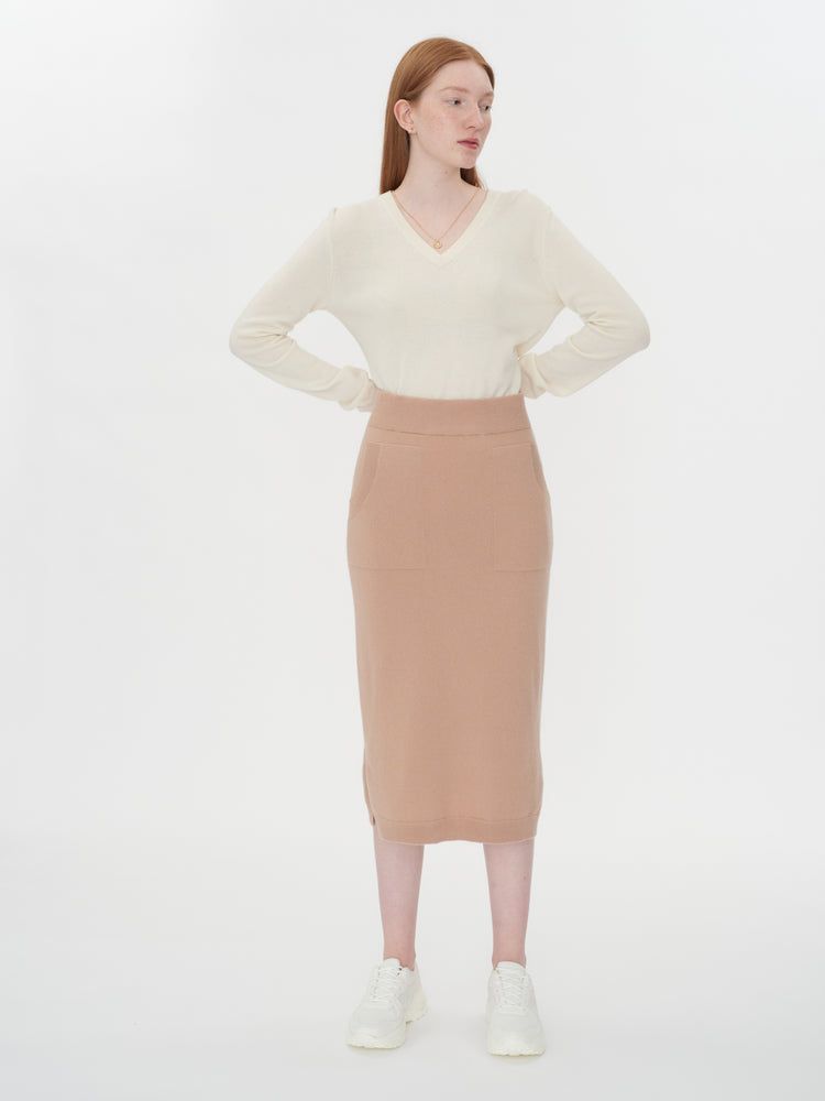 Women's Cashmere Midi Skirt with Side Slits Light Camel - Gobi Cashmere