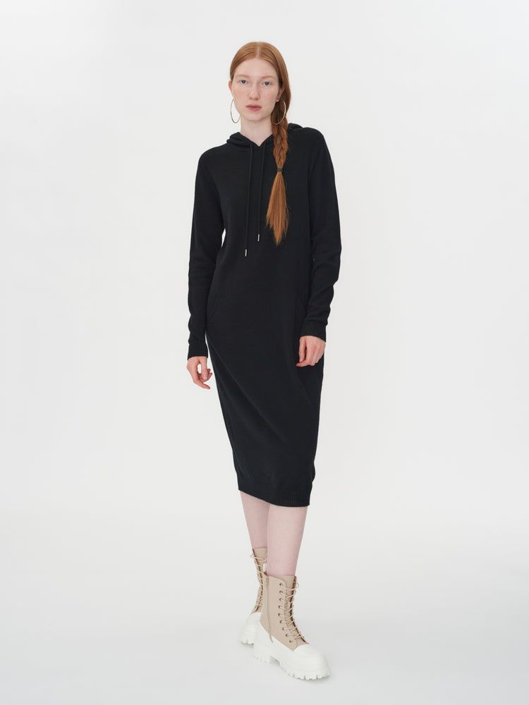 Women's Cashmere Hooded Midi Dress Black - Gobi Cashmere