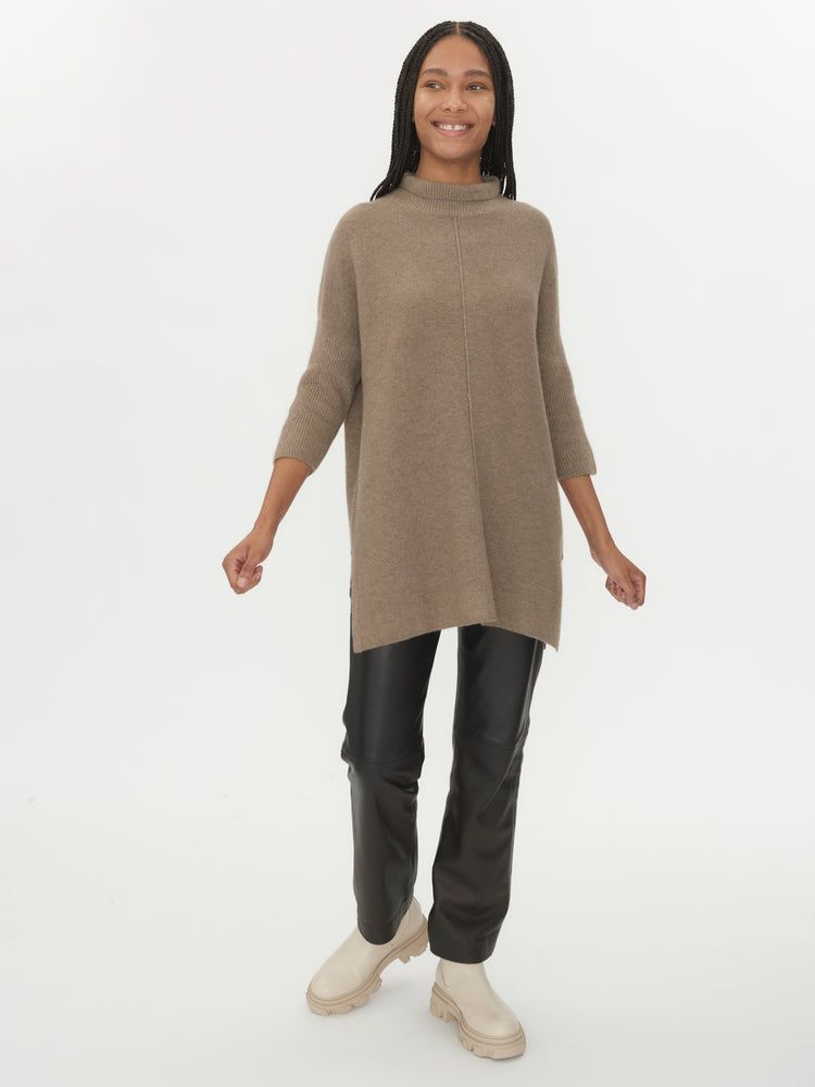 Women's Cashmere Long High Neck Sweater Taupe - Gobi Cashmere