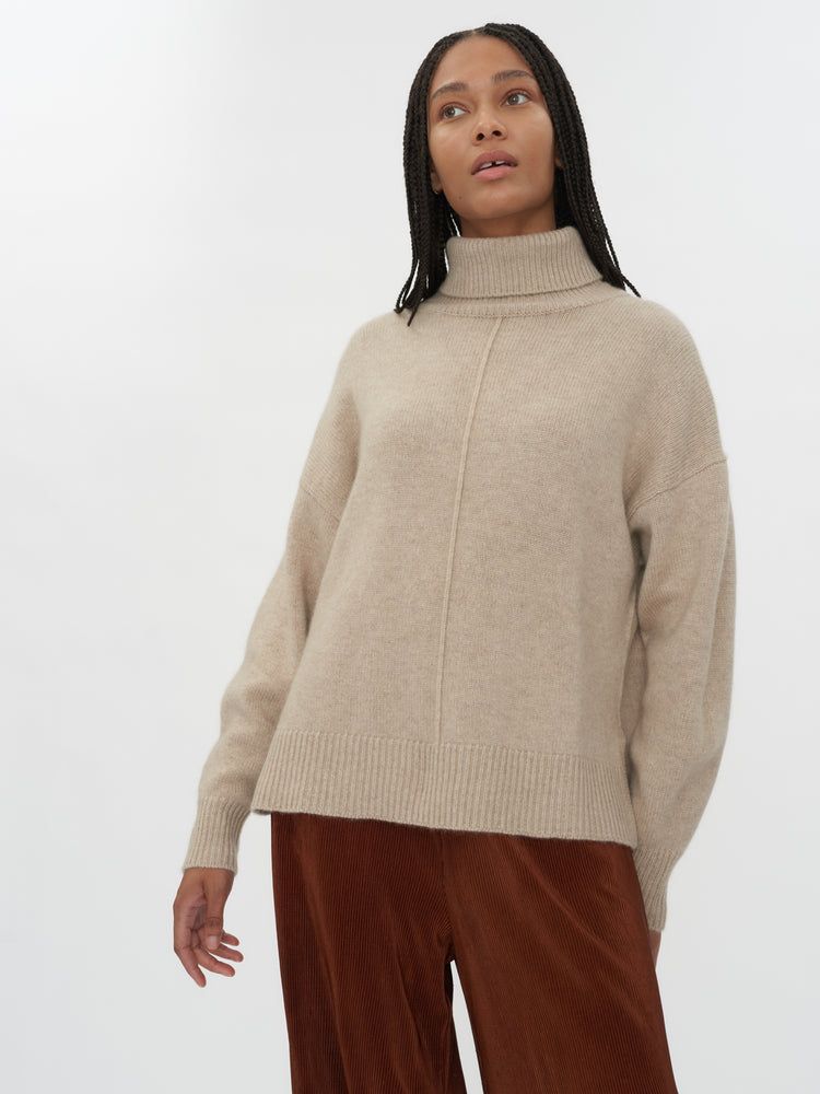 Women's Cashmere Loose Turtle Neck Sweater Warm Grey - Gobi Cashmere