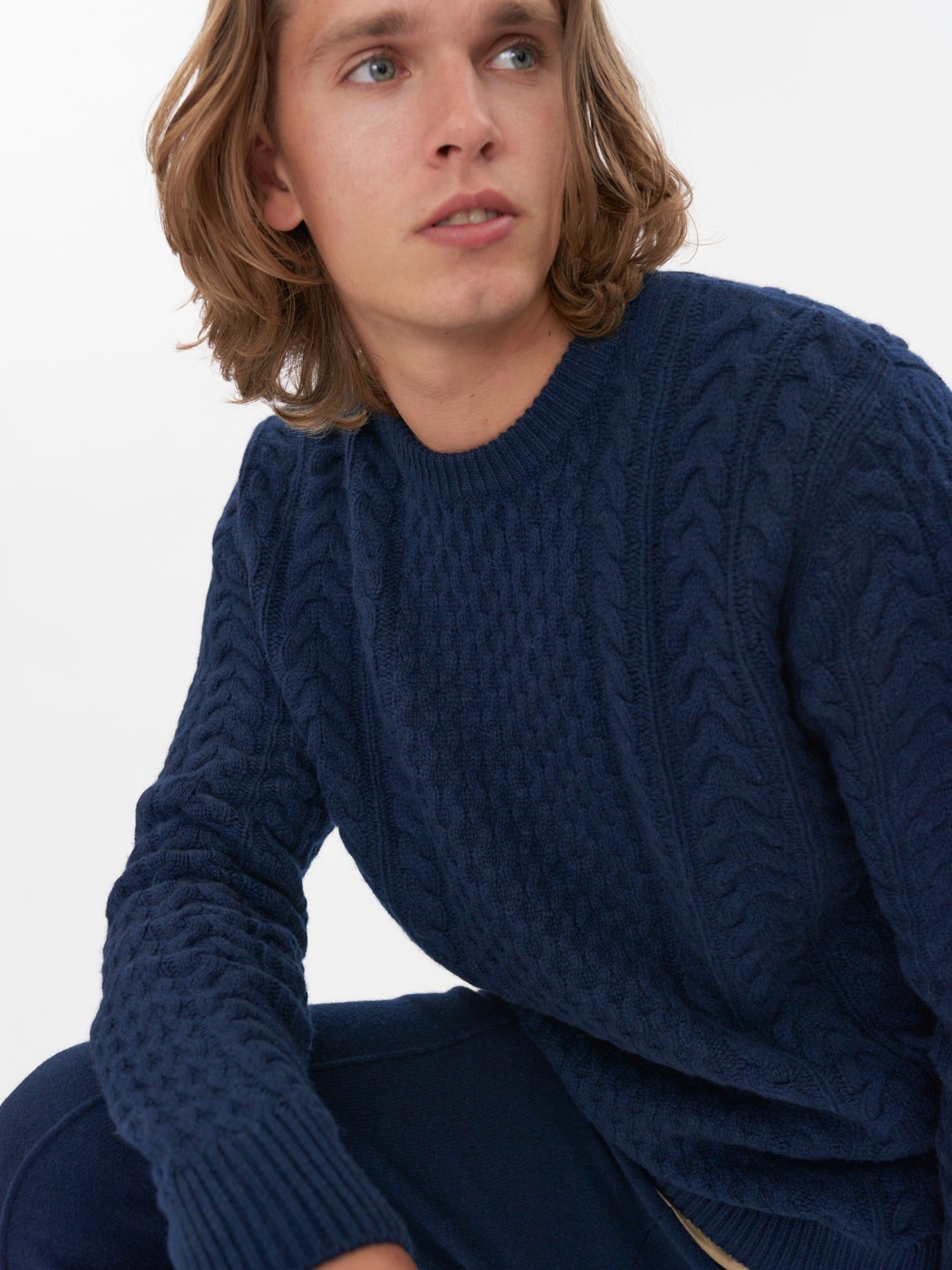 Men's Cashmere Aran Stiched Sweater Navy - Gobi Cashmere