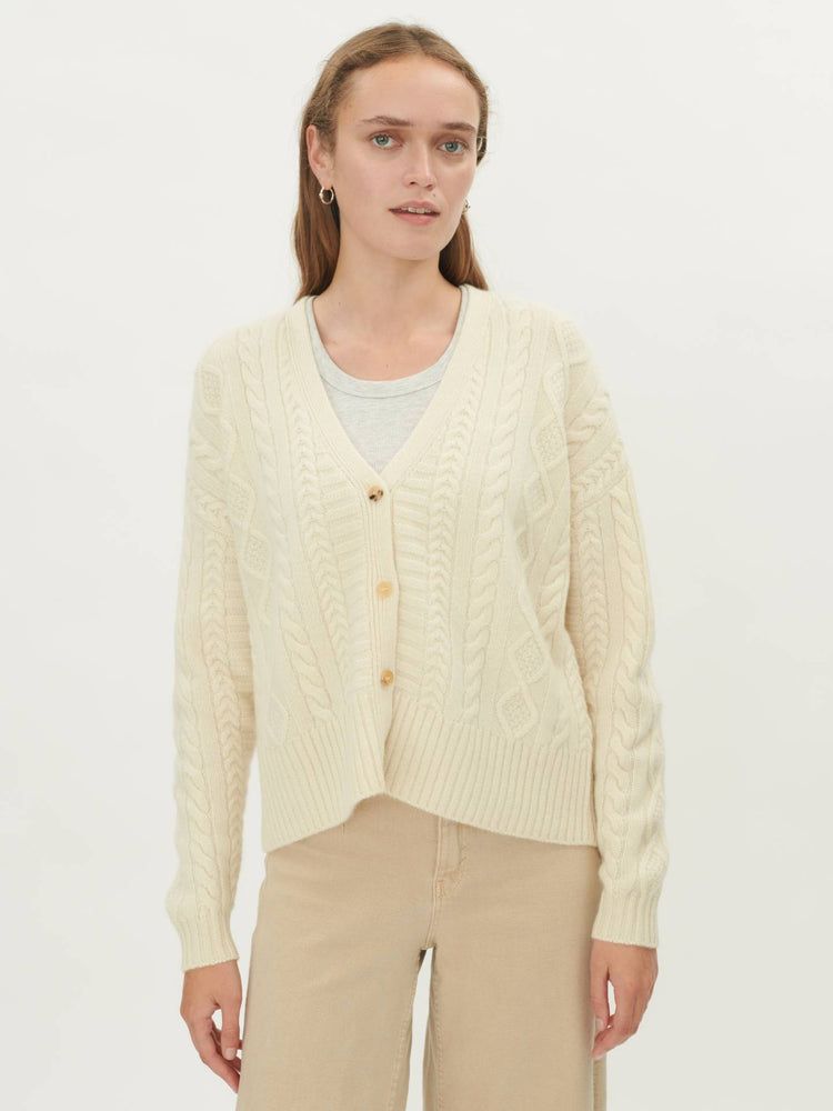 Women's Cashmere Chunky Cable Cardigan Off White - Gobi Cashmere