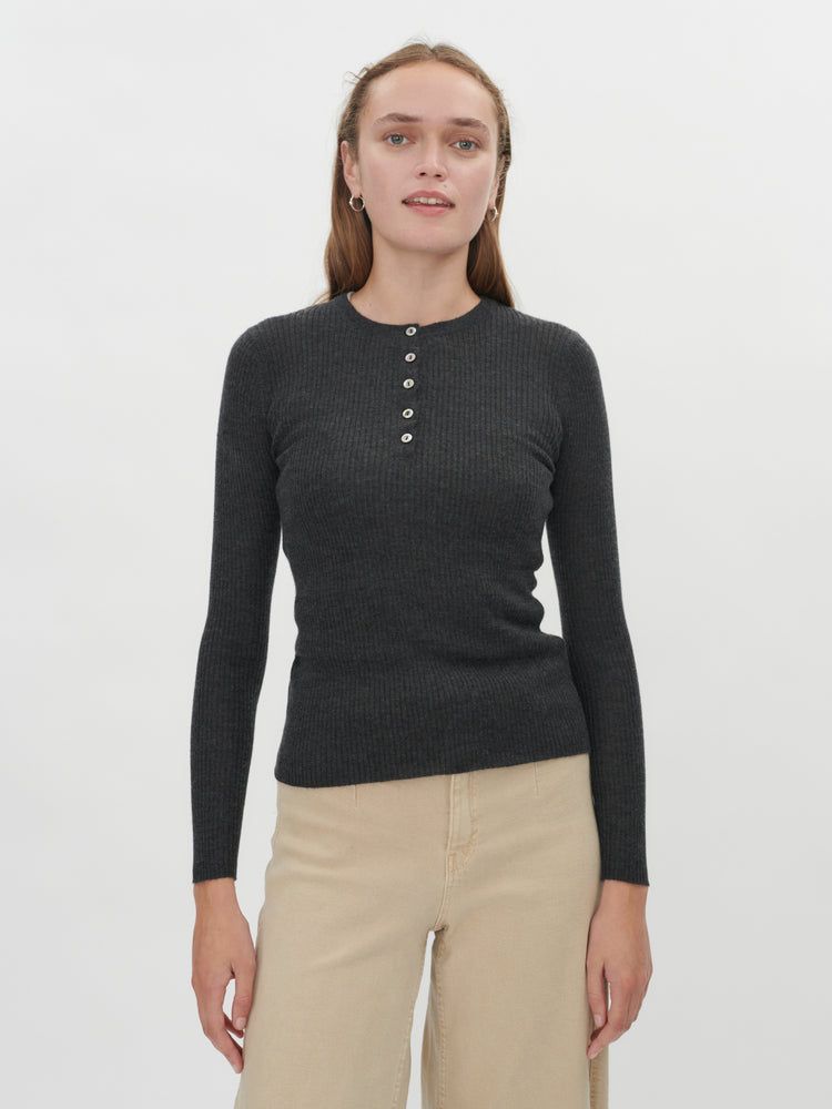 Women's Cashmere Ribbed Henley Top Charcoal - Gobi Cashmere
