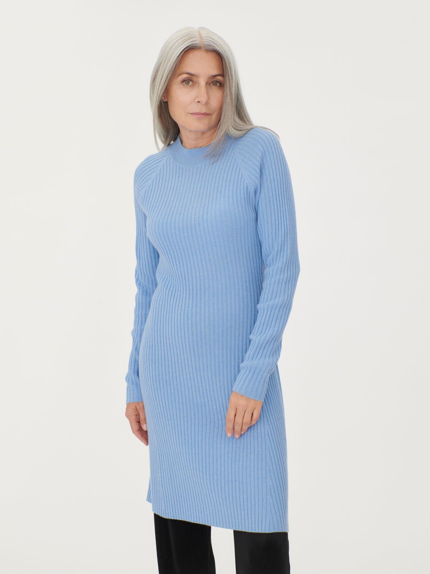 Women's Cashmere Ribbed Midi Dress Airy Blue - Gobi Cashmere