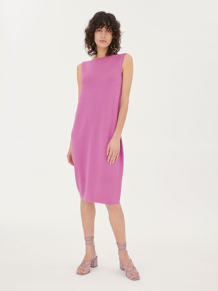 Women's Silk Cashmere Knit Boat Neck Dress Super Pink - Gobi Cashmere 