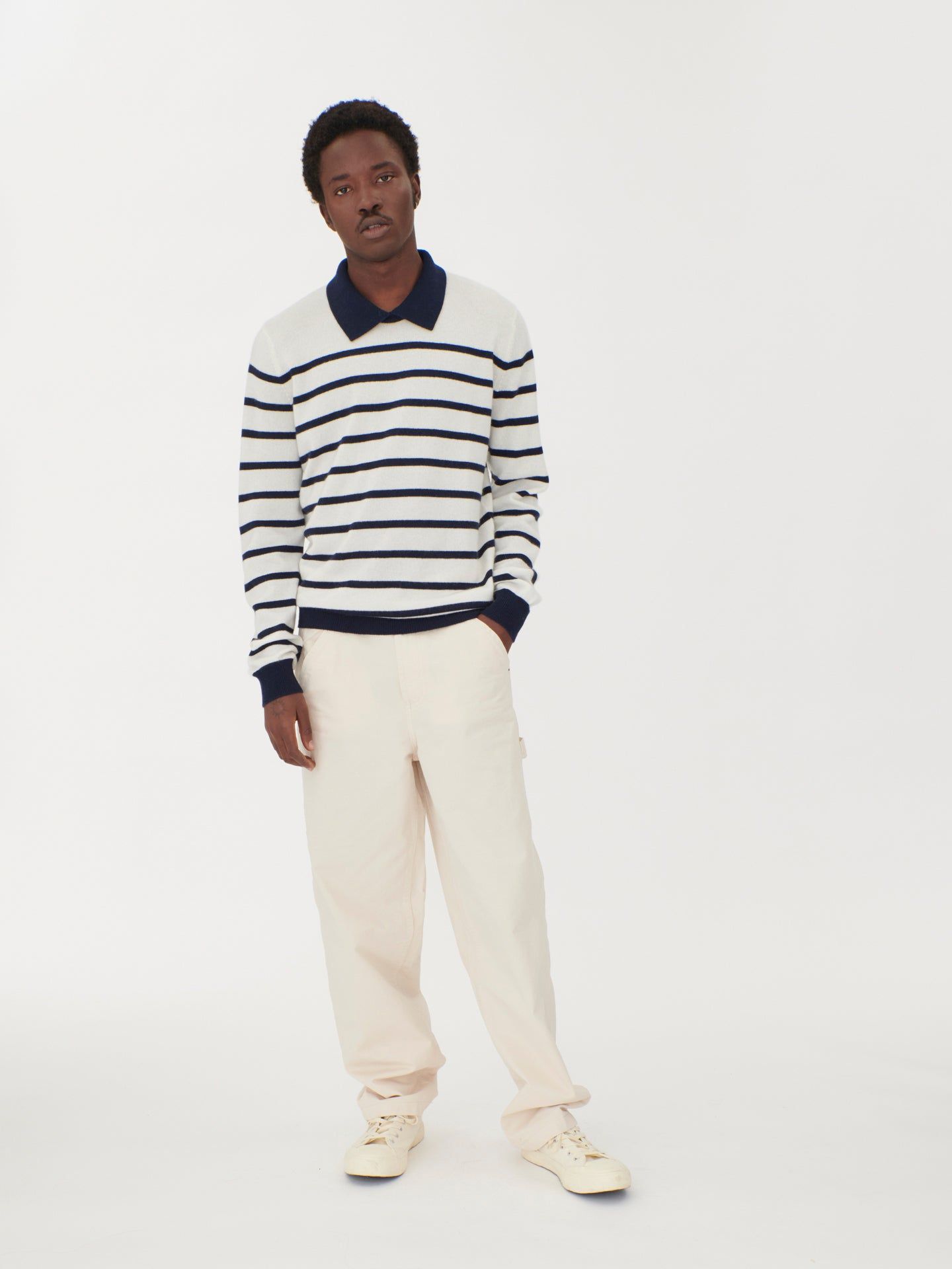 Men's Cashmere Iconic Striped Polo Navy - Gobi Cashmere