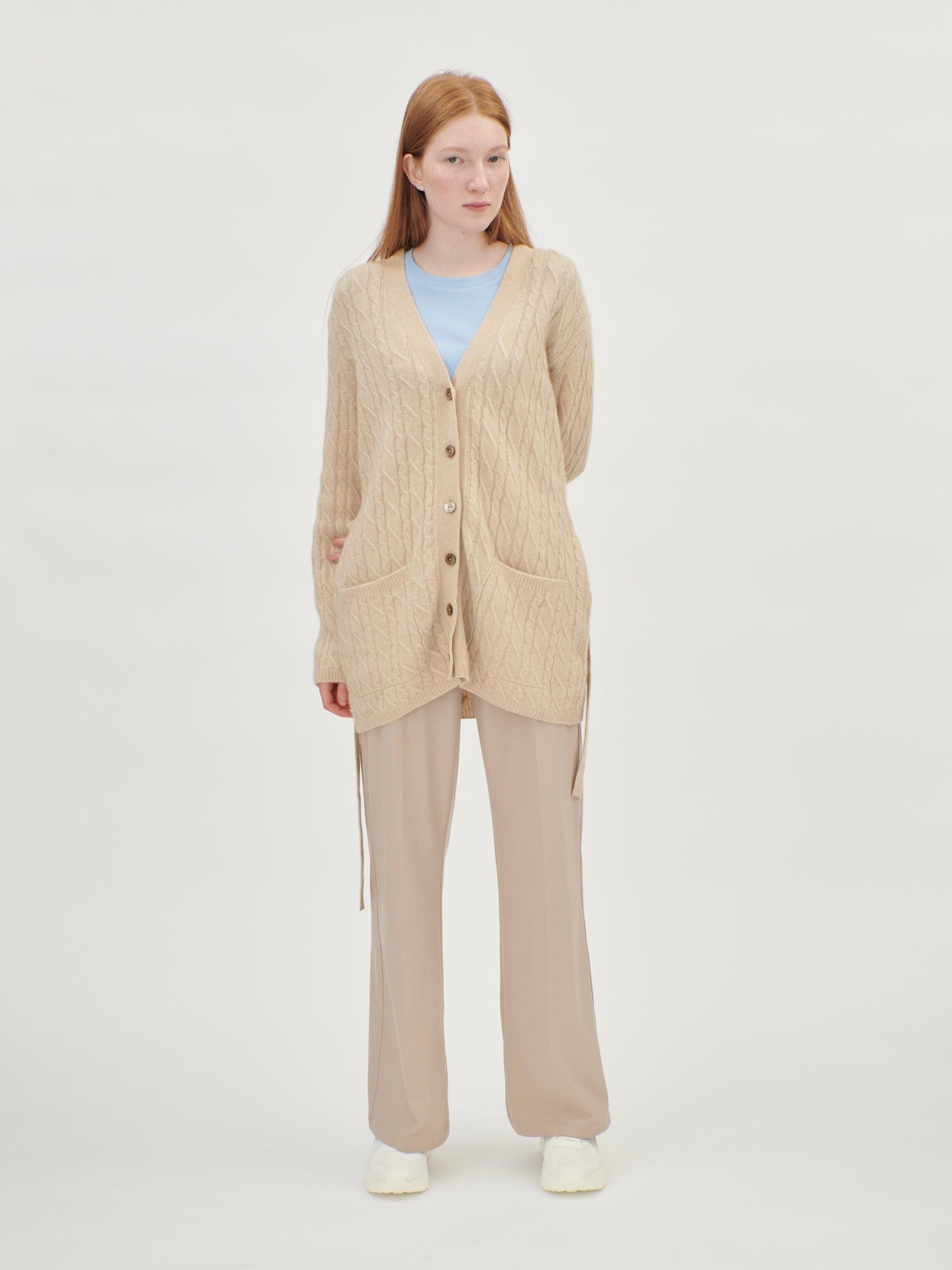 Women's Cashmere Organic Color Belted Cardigan Beige - Gobi Cashmere