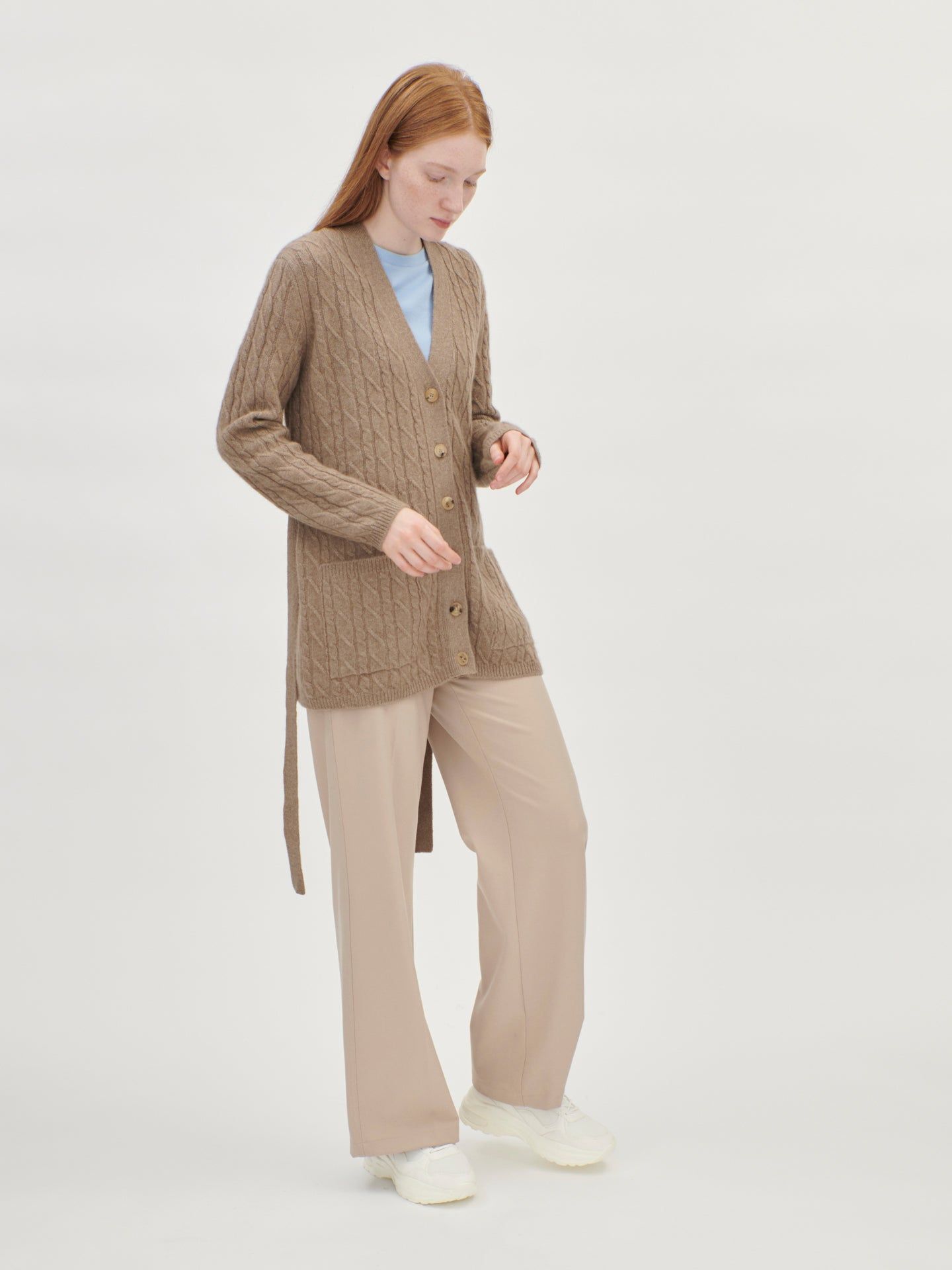 Women's Cashmere Organic Color Belted Cardigan Taupe - Gobi Cashmere