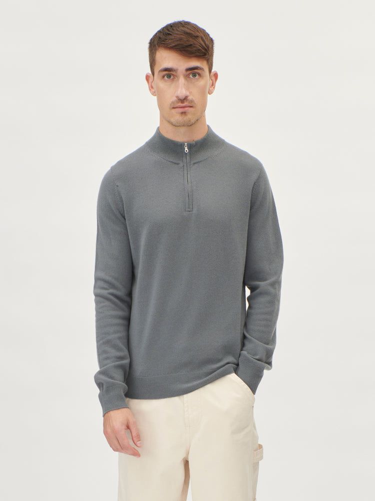 Men's Cashmere Basic Slim Fit Half Zip Polo  Neutral Gray - Gobi Cashmere