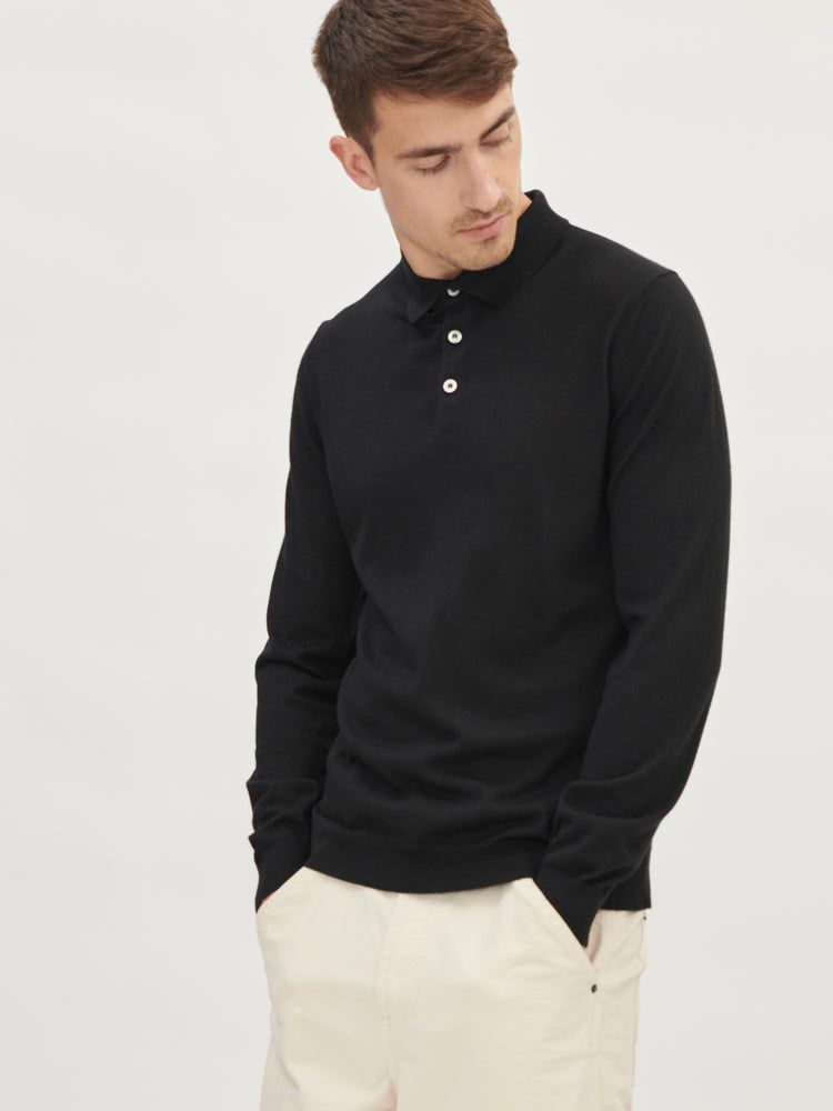 Men's Silk Cashmere Polo Sweater Black - Gobi Cashmere
