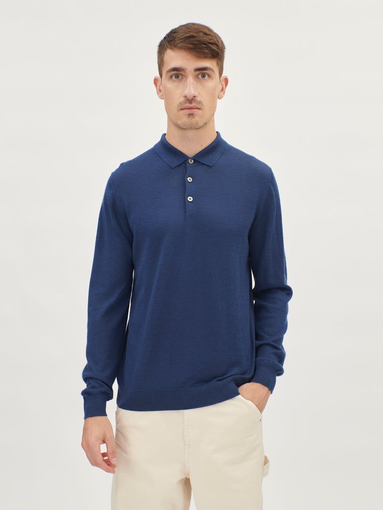 Men's Silk Cashmere Polo Sweater Navy - Gobi Cashmere