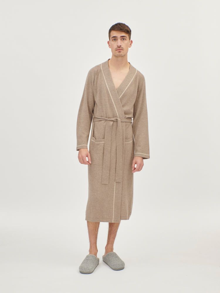 Men's Cashmere Organic Color Contrast-Tipped Bathrobe Taupe - Gobi Cashmere