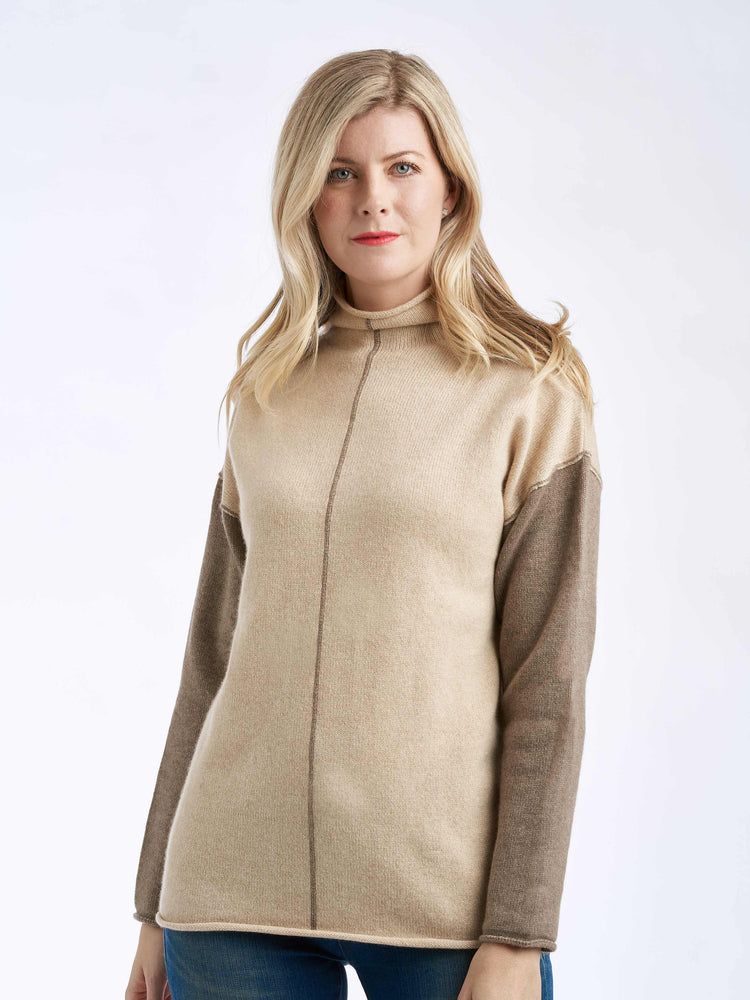 Women's Cashmere Color-Block Sleeve Mock Neck  Sweater Beige - Gobi Cashmere