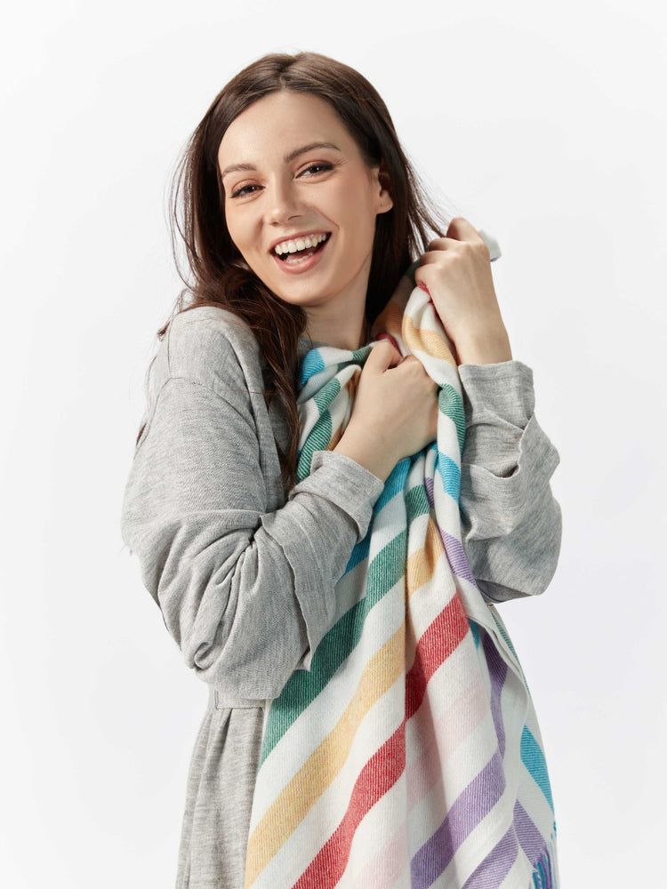 Unisex Cashmere Rainbow Stripe Fringe Blanket White - Gobi Cashmere