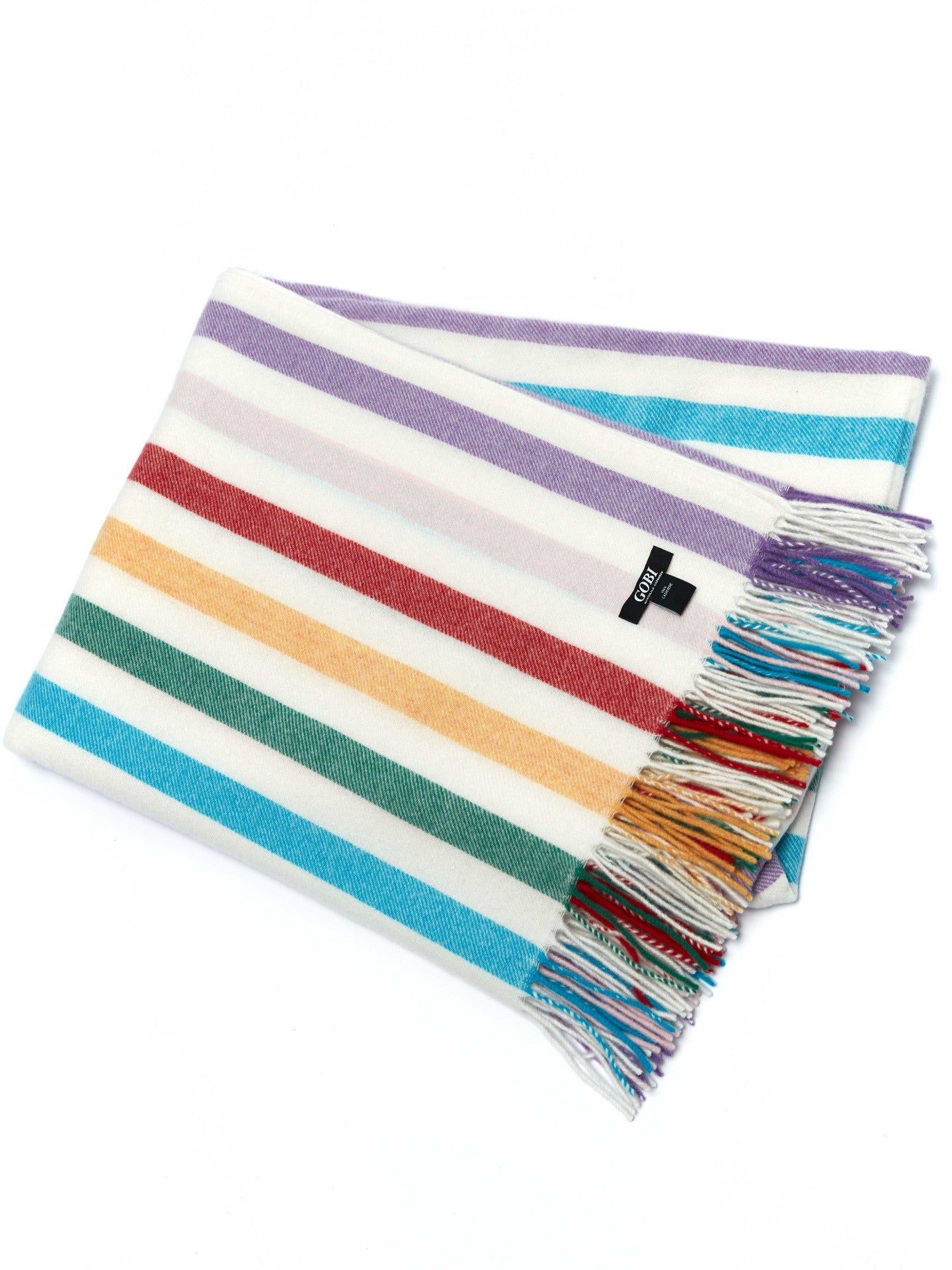 Unisex Cashmere Rainbow Stripe Fringe Blanket White - Gobi Cashmere