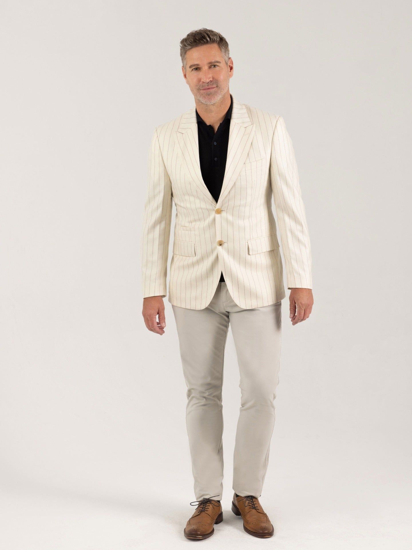 Men's Cashmere Vertical Stripes Peak Lapel Blazer White - Gobi Cashmere