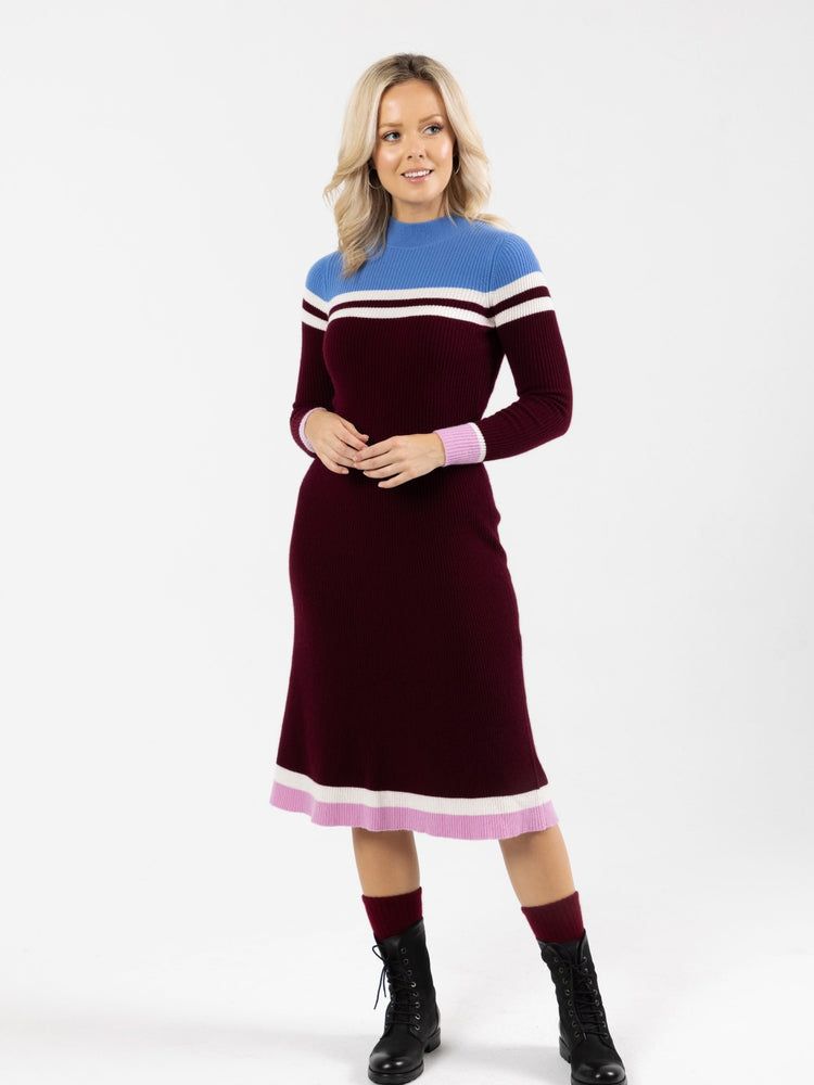 Women's Cashmere Striped Midi Dress Madder Brown - Gobi Cashmere