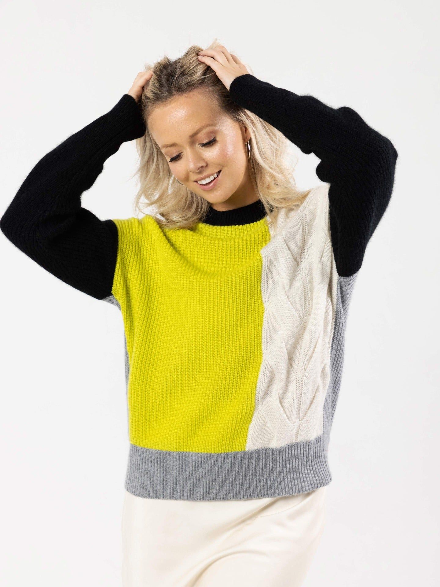 Women's Cashmere Colorblock Multi-stitch Sweater Citronelle - Gobi Cashmere