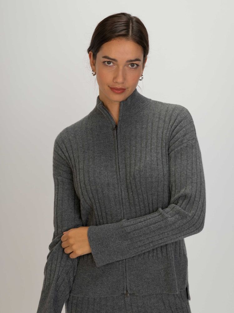 Women's Cashmere Rib Knit Zip-Up Cardigan Dim Gray - Gobi Cashmere