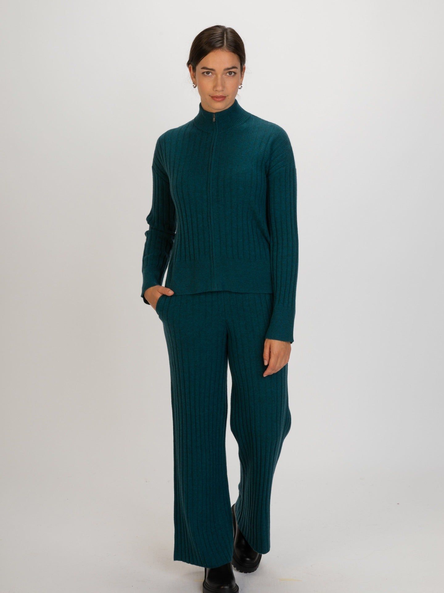 Women's Cashmere Rib Knit Zip-Up Cardigan Atlantic Deep - Gobi Cashmere