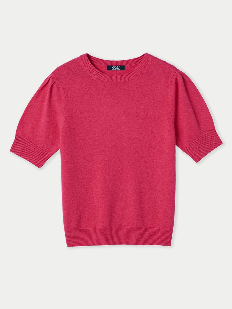 Women's Cashmere Puff Sleeve Top Strong Rose Red - Gobi Cashmere