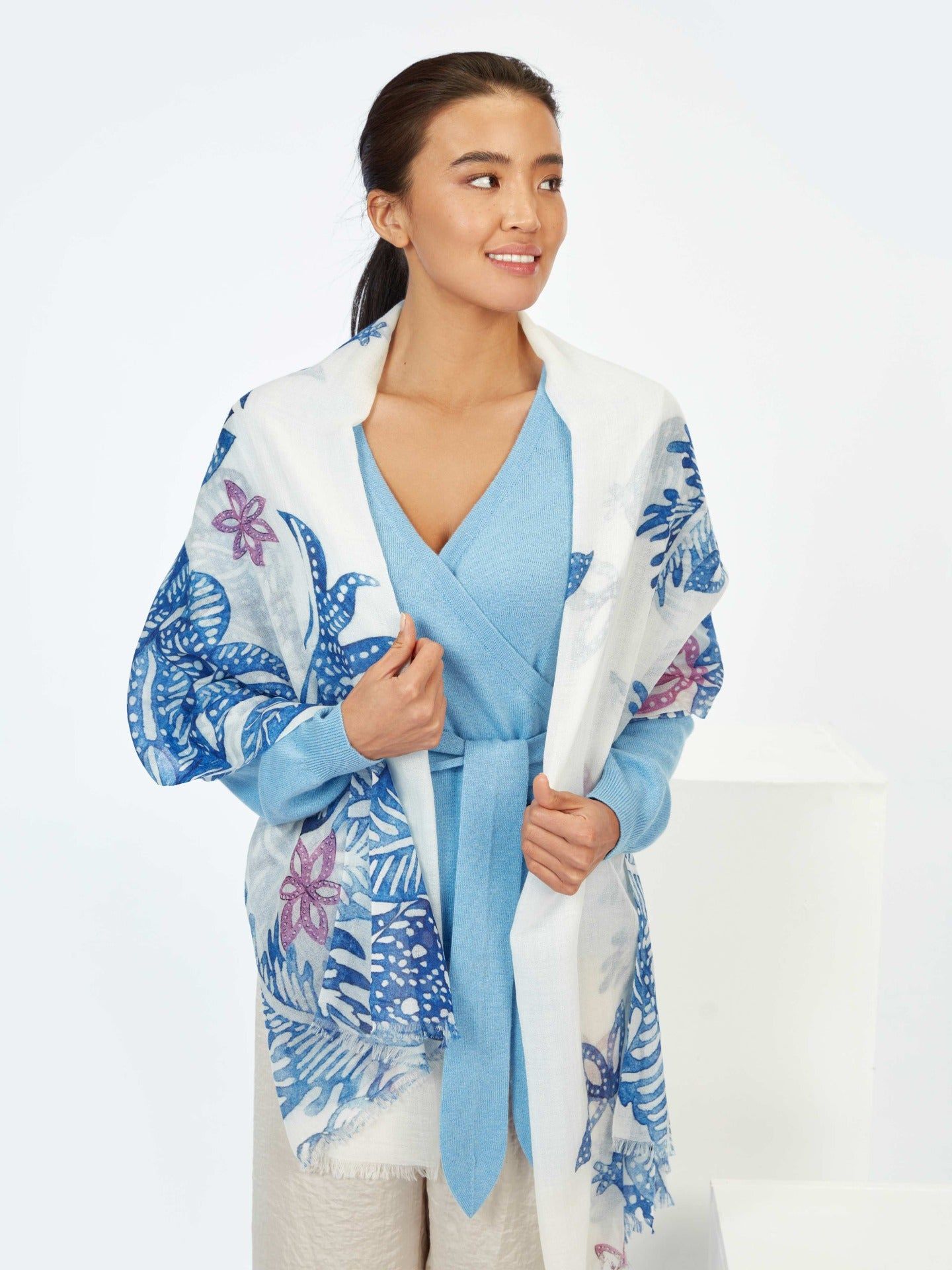 Women's Cashmere Printed Shawl Snorkel Blue - Gobi Cashmere